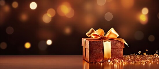 Aufkleber - a festive gift box with a shiny gold bow displayed on a table, perfect for new year's and holiday ce