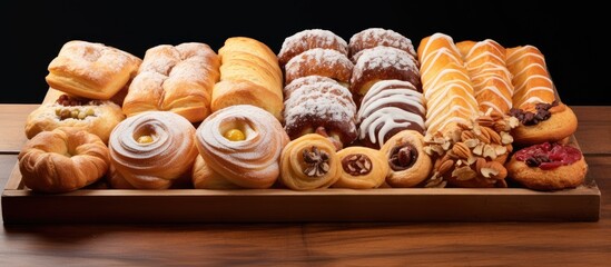 Poster - Tray showcasing a delectable assortment of freshly baked Italian pastries. with copy space image. Place for adding text or design