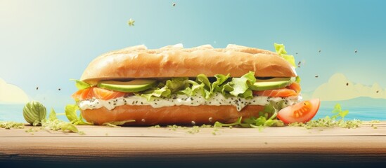 Wall Mural - A scrumptious sandwich packed with crunchy lettuce, juicy tomatoes, and crisp cucumbers, perfect for a healthy meal on the go. with copy space image. Place for adding text or design