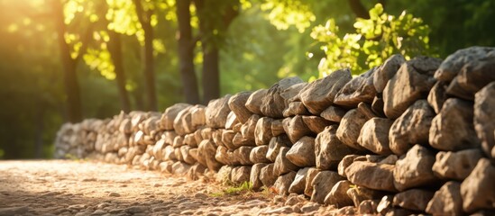 Fototapete - Stone wall with a heap of stones under sunlight and trees in the background. with copy space image. Place for adding text or design