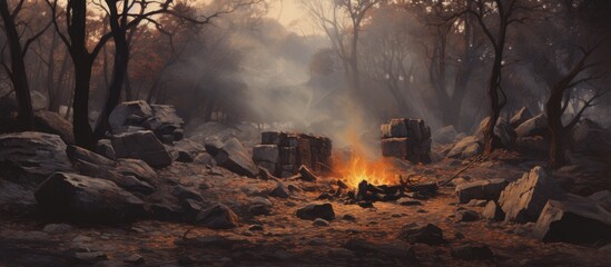 Leinwandbilder - Fire burning among stones and trees in a forest setting, creating a warm and natural ambiance. with copy space image. Place for adding text or design