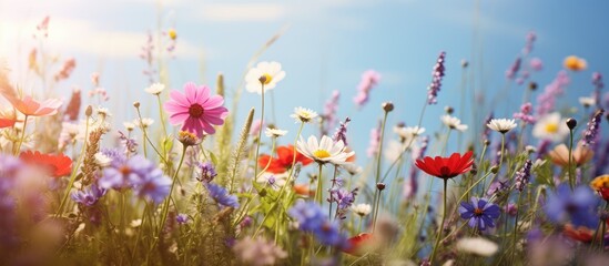 Aufkleber - Wildflowers bloom abundantly in a sunny meadow under a bright blue sky. with copy space image. Place for adding text or design