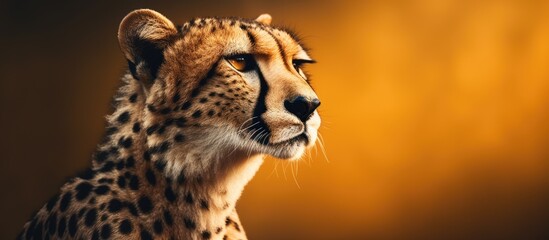 Poster - A giraffe with its gaze directed left against a vibrant yellow background. A majestic African cheetah captured in a dignified portrait. with copy space image. Place for adding text or design