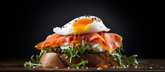 Wall Mural - Delicious sandwich filled with a perfectly poached egg and savory ham slices. with copy space image. Place for adding text or design