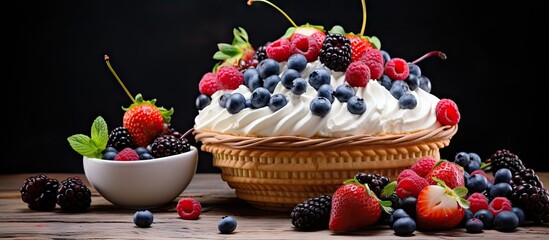 Poster - Assorted fresh berries displayed in a basket and bowl on a tabletop. with copy space image. Place for adding text or design