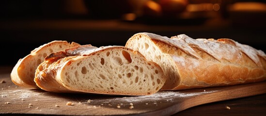 Poster - A loaf of bread displayed on a wooden cutting board with a knife ready to slice. Close-up shot with copy space for breakfast concepts.