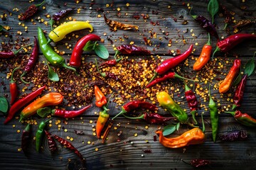Poster - A vibrant mix of fresh and dried chili peppers in various colors and shapes scattered on a rustic wooden surface. Generative AI