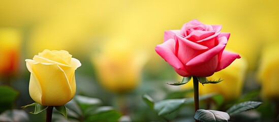 Aufkleber - Pink and yellow roses stand out in a vibrant field of yellow blooms, showcasing nature's beauty. with copy space image. Place for adding text or design
