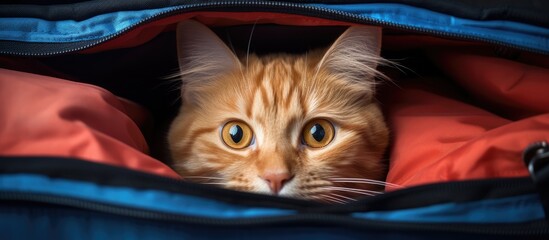 Poster - Red feline hiding inside a carrying case, snugly settled for travel or rest. with copy space image. Place for adding text or design