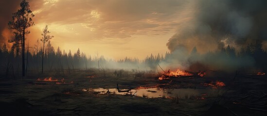 Wall Mural - A rugged truck featuring a large tire is traversing a dusty path alongside a burning fire in the distance. with copy space image. Place for adding text or design