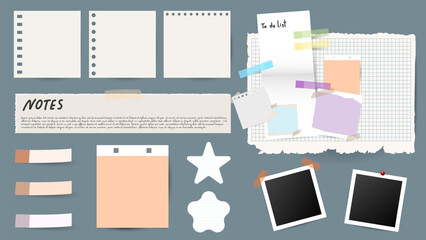 Colorful Sticky Notes and Labels Collection with pin and post it, on gray background, Notepaper meeting reminder, Flat Modern design , illustration Vector EPS 10 