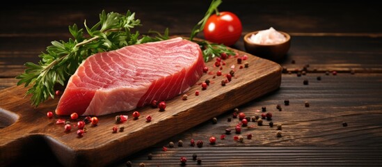 Aufkleber - Close-up view of a piece of meat with seasoning on a wooden cutting board alongside fresh tomatoes and pepper slices. with copy space image. Place for adding text or design