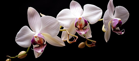 Fototapete - Three elegant white orchids featuring pink centers stand out against a sleek black background, isolated and delicate. with copy space image. Place for adding text or design