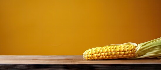 Poster - An ear of corn resting on a table against a vibrant yellow background. with copy space image. Place for adding text or design