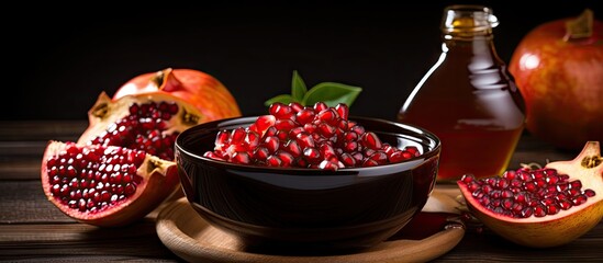 Leinwandbilder - Pomegranate molasses in a small dish with sweet and sour syrup, accompanied by pomegranate fruit and seeds. with copy space image. Place for adding text or design
