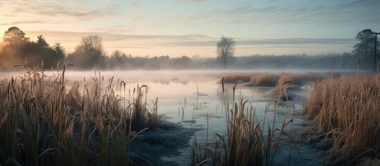 Fototapete - Misty sky hangs over a lake with reeds in the foreground during early morning frost in the fall. with copy space image. Place for adding text or design