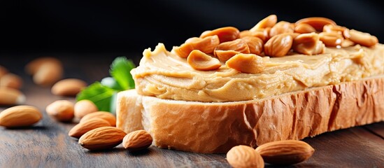 Aufkleber - Close-up view of a slice of bread topped with creamy peanut butter and sprinkled with nuts, a delightful snack option. with copy space image. Place for adding text or design