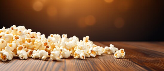 Aufkleber - Wooden table serves as a backdrop to scattered popcorn kernels, creating a rustic setting. with copy space image. Place for adding text or design