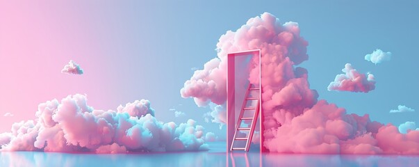 Ladder ascending to an enigmatic portal in the sky in a dreamy pastel-hued realm