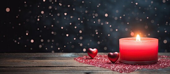 Poster - A close-up view of a candle adorned with heart patterns placed on a tabletop for Valentine's Day ambiance. with copy space image. Place for adding text or design