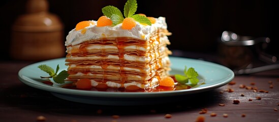 Poster - Delicious sweet potato layer crape cake served on a white plate. with copy space image. Place for adding text or design