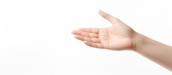 Fototapete - A figure making a hand gesture with their right hand set against a plain white background. with copy space image. Place for adding text or design