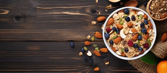 Leinwandbilder - Delicious muesli bowl filled with nuts and blueberries, captured from a top view perspective. with copy space image. Place for adding text or design