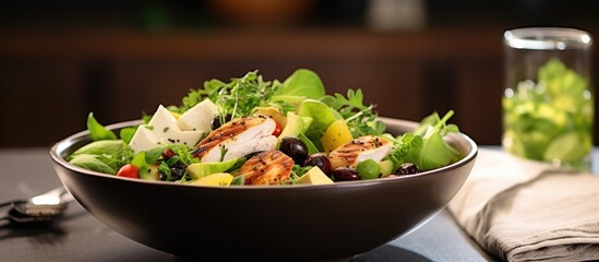 Wall Mural - Fresh salad featuring chicken, vegetables, and greens served in a bowl on a tabletop. with copy space image. Place for adding text or design