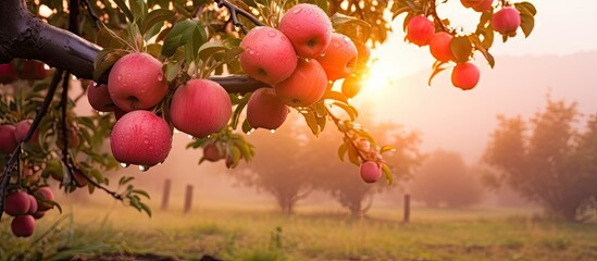 Fototapete - Golden hour scene in an orchard with ripe red apples hanging from trees as the sun sets in the background. with copy space image. Place for adding text or design