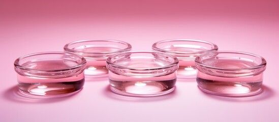 Leinwandbilder - Multiple shot glasses containing pink liquid are neatly arranged on a surface that matches their color. with copy space image. Place for adding text or design