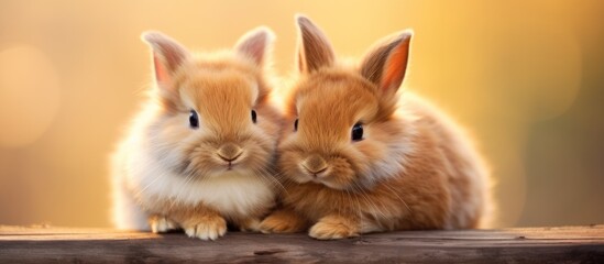 Aufkleber - Fluffy, adorable rabbits, full of love, sit close together on a rustic wooden bench, exuding softness inviting hugs. with copy space image. Place for adding text or design