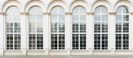 Fototapete - Facade of a building showing a series of windows and a bench in front. with copy space image. Place for adding text or design