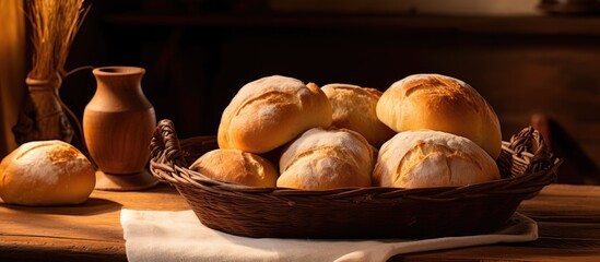 Poster - Traditional Portuguese bread varieties displayed on a wooden table in a rustic setting. with copy space image. Place for adding text or design