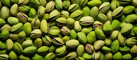 Leinwandbilder - Close-up view of a pile of green pistachios nuts against a food background. with copy space image. Place for adding text or design