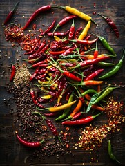 Aufkleber - Fresh red, yellow, and green chili peppers, along with dried chili flakes, are arranged on a rustic wooden table. Generative AI