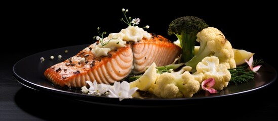 Fototapete - Plate with fresh broccoli, cauliflower, and salmon steak. with copy space image. Place for adding text or design