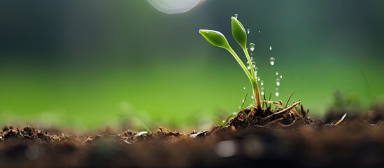 Poster - Freshly sprouted plant visible in the dirt, showing signs of growth and new life. with copy space image. Place for adding text or design