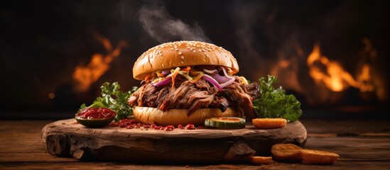 Fototapete - Delicious pulled pork sandwich served on a rustic wooden board with a side of colorful coleslaw and tangy pickles. with copy space image. Place for adding text or design