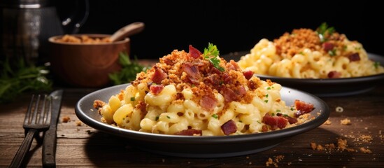 Wall Mural - Delicious macaroni and cheese with savory bacon, served on two plates atop a rustic wooden table. with copy space image. Place for adding text or design