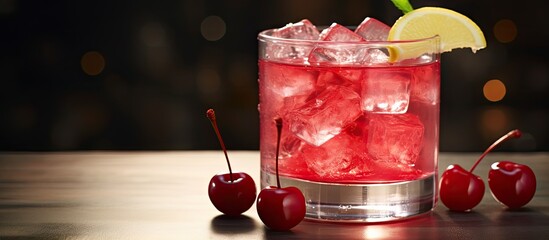 Poster - Glass of refreshing red drink with ice and a slice of lime, perfect for a Shirley Temple non-alcoholic cocktail. with copy space image. Place for adding text or design