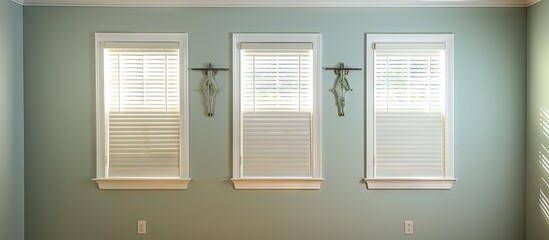 Leinwandbilder - Three windows in a room feature white shutters and new blinds, enhanced with freshly painted crown moulding on the walls and wooden floor. with copy space image. Place for adding text or design