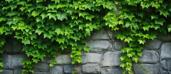 Poster - Lush green ivy plants cascade over a textured stone wall, creating a vibrant natural display. with copy space image. Place for adding text or design