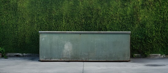 Poster - Metal box placed in front of a verdant green wall. with copy space image. Place for adding text or design