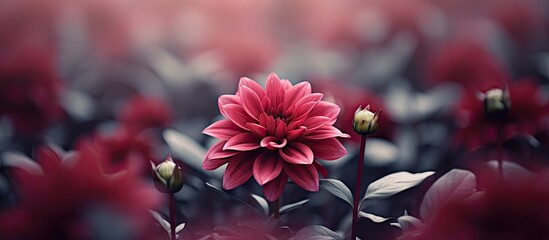Poster - Fully bloomed burgundy flower standing out among other budding flowers in soft focus. with copy space image. Place for adding text or design