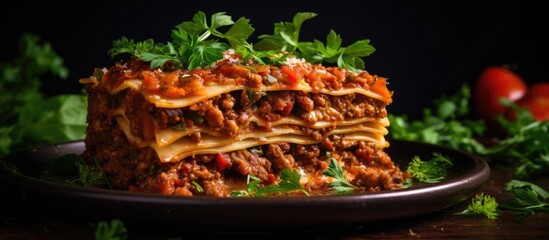 Fototapete - Homemade lasagna Bolognese topped with beef and a sprinkle of vibrant green parsley. with copy space image. Place for adding text or design