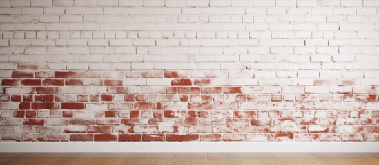 Poster - Wooden floor contrasts with a red brick wall now painted in white finish. with copy space image. Place for adding text or design