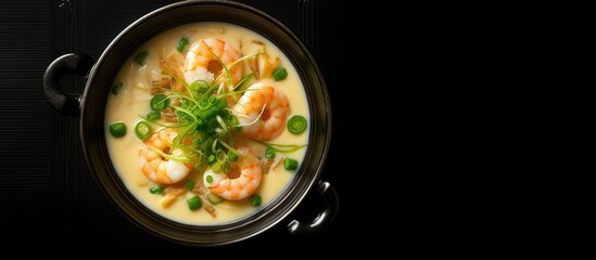 Aufkleber - Close-up of a bowl filled with savory soup containing shrimp and a variety of colorful vegetables. with copy space image. Place for adding text or design