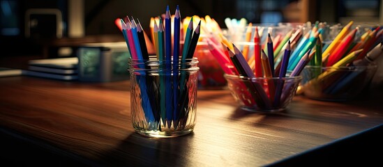 Poster - Colorful assortment of pencils neatly arranged in a glass container on a flat surface. with copy space image. Place for adding text or design