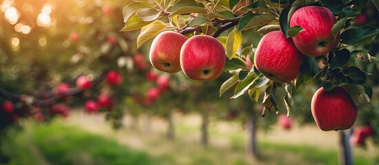 Wall Mural - Red apples hanging from tree branches in a sunny orchard, showcasing the natural beauty of ripe fruits. with copy space image. Place for adding text or design