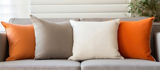 Poster - Beige couch in living room adorned with orange and gray pillows. with copy space image. Place for adding text or design